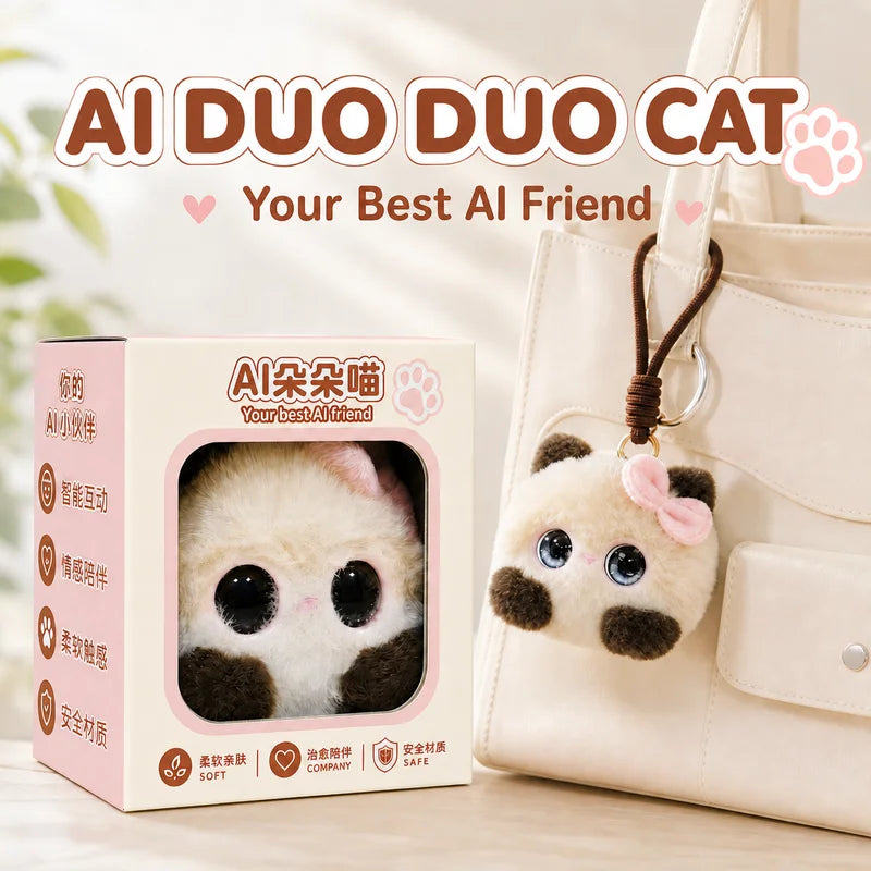 DUODUO CAT Cream AI Plush Companion with Pink Bow