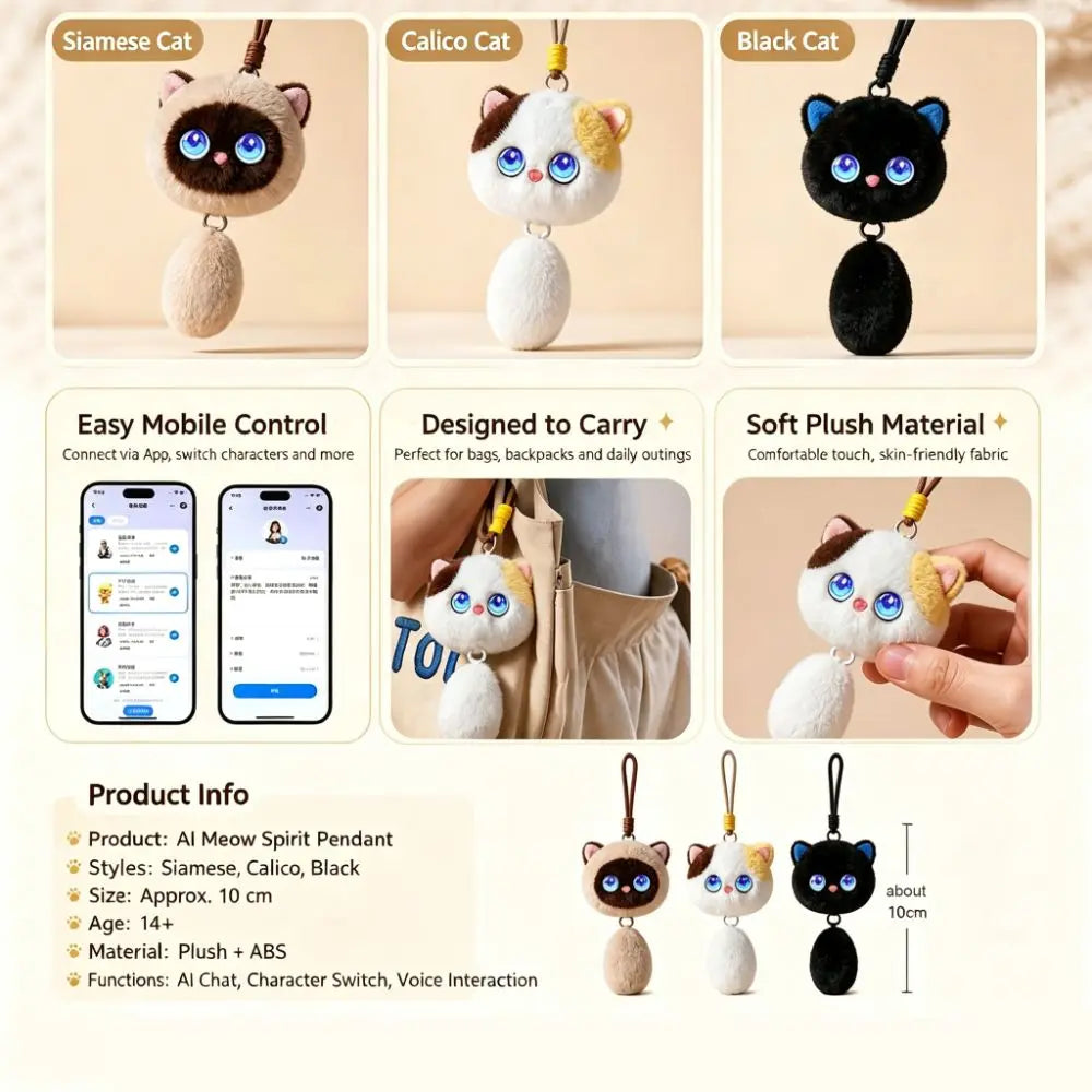 AI Meow Spirit Black Cat Smart Plush Companion Keychain