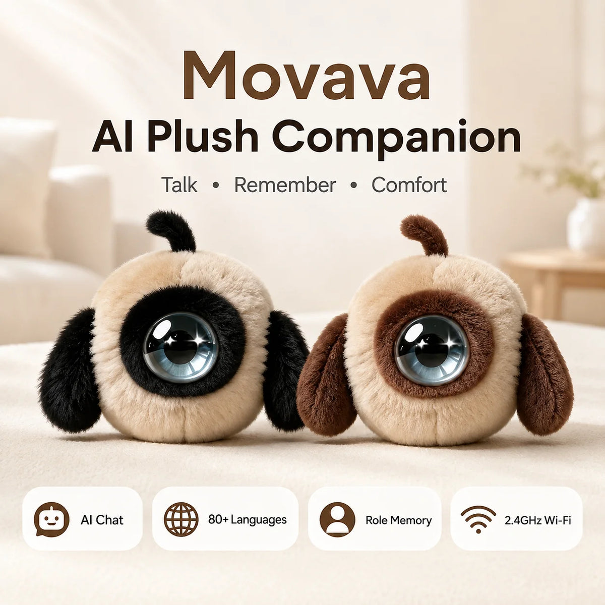 Movava Black AI Plush Companion with Role Memory & Smart Voice Chat