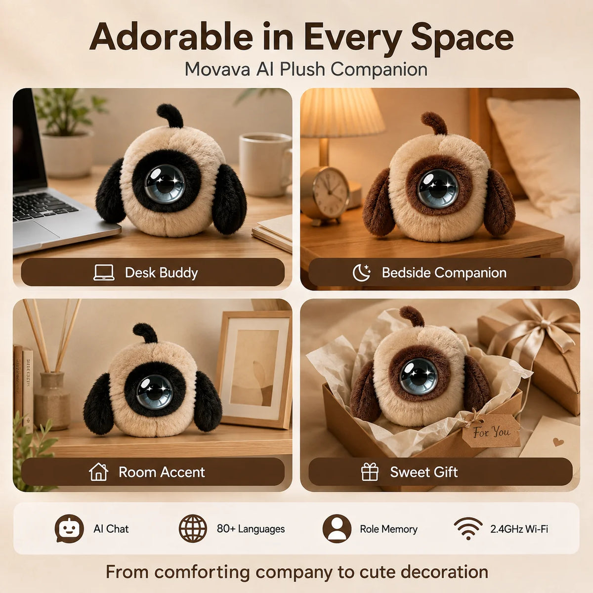 Movava Black AI Plush Companion with Role Memory & Smart Voice Chat