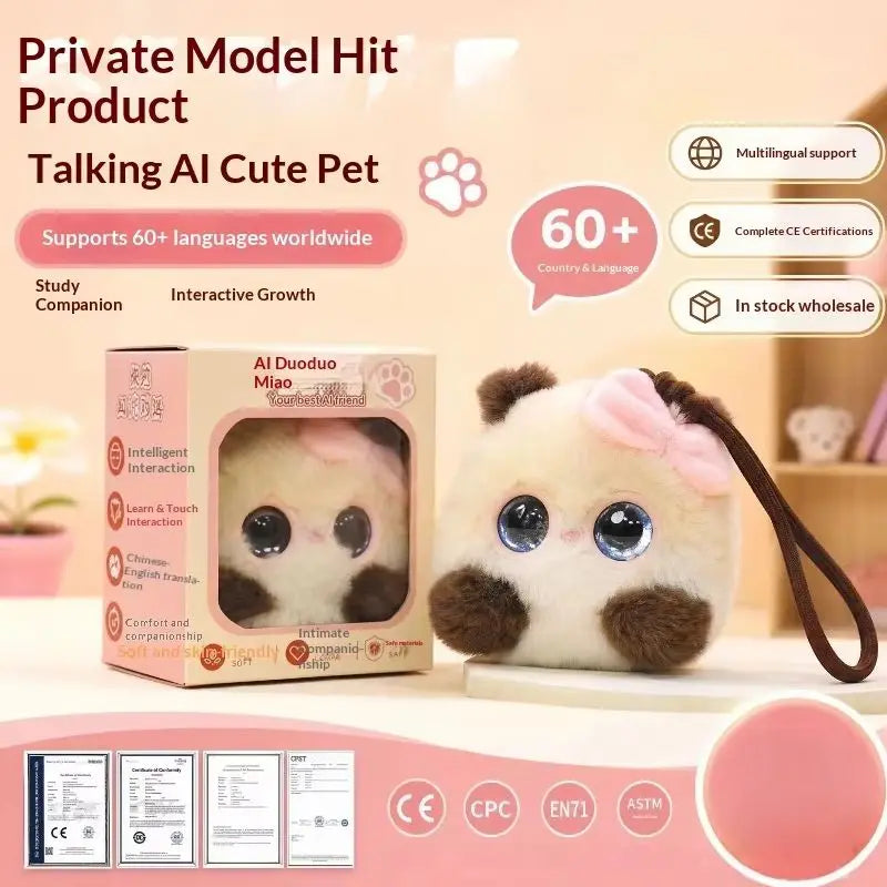 DUODUO CAT Cream AI Plush Companion with Pink Bow