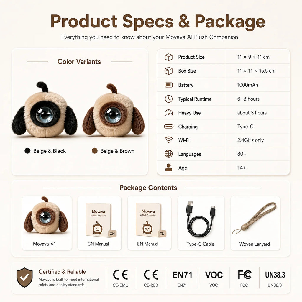 Movava Black AI Plush Companion with Role Memory & Smart Voice Chat
