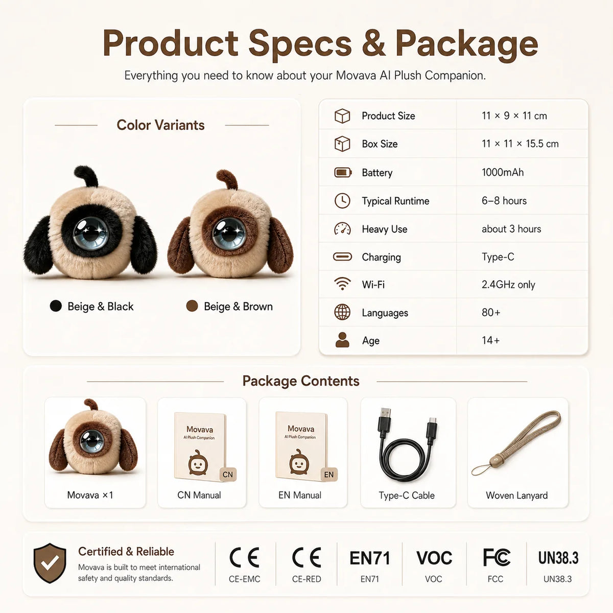 Movava Black AI Plush Companion with Role Memory & Smart Voice Chat