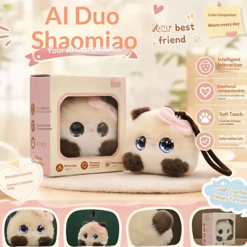 DUODUO CAT Cream AI Plush Companion with Pink Bow