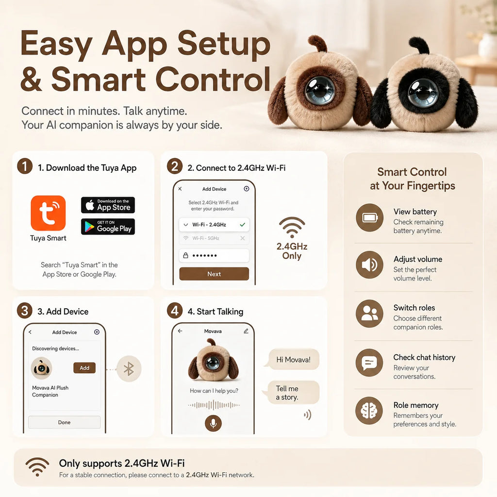Movava Black AI Plush Companion with Role Memory & Smart Voice Chat
