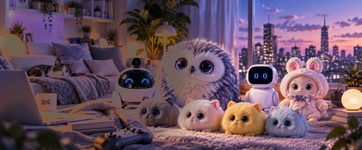AI companion robots and plush characters in a modern living room